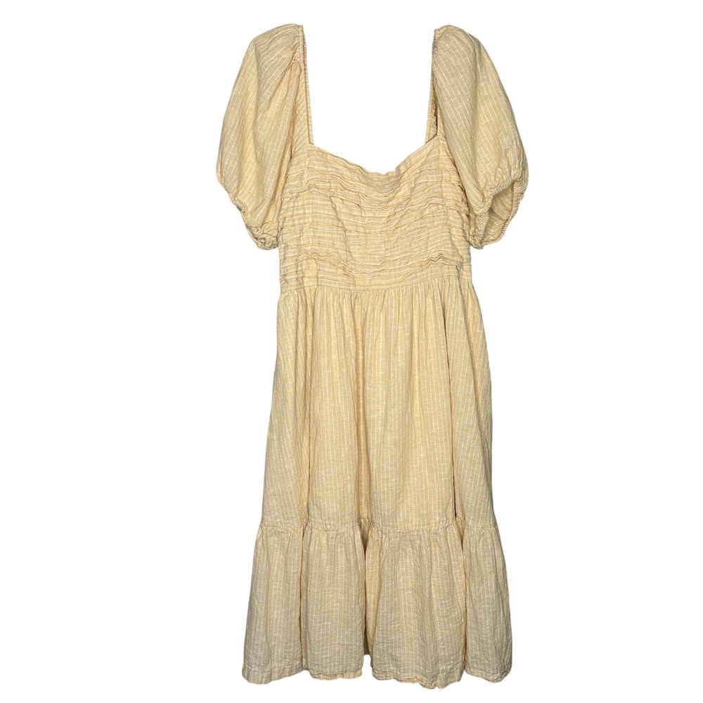 Abercrombie & Fitch Yellow Pinstripe Puff Sleeve Smocked Midi Dress XLP